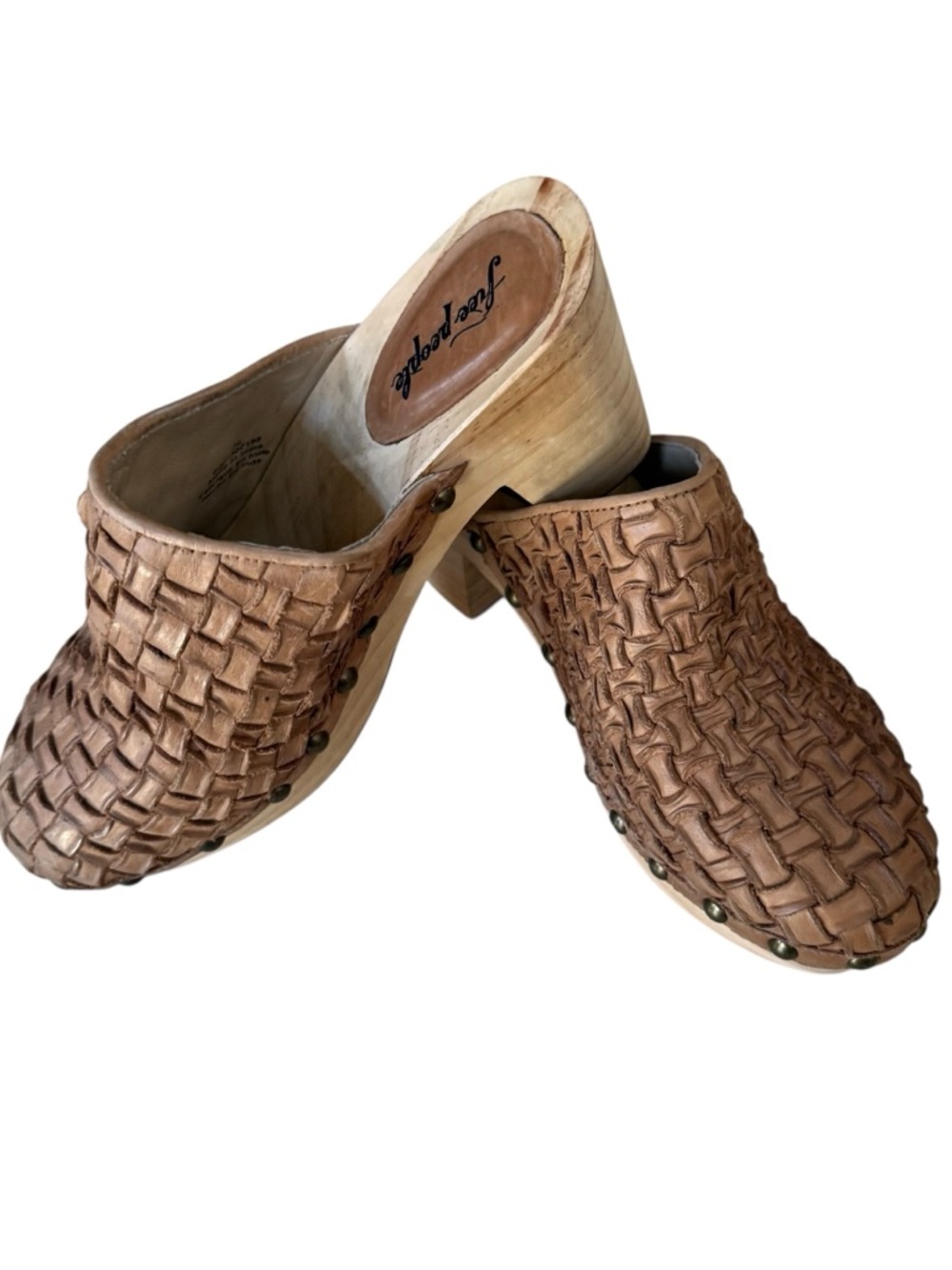 Free People Studded Woven Clog Mules in Tan